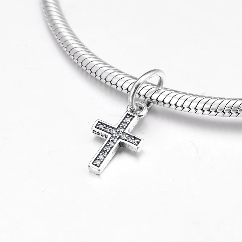 Модная Форма креста 925 стерлингового серебра CZ тонкой Подвески Бусины Подходят