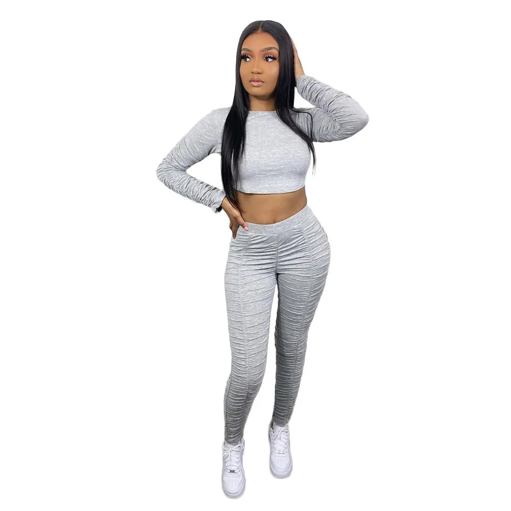 

Plus Size Solid Stacked Tracksuit Women's Set Ruched Long Sleeve Bandage Tops and Pleated Skinny Pant Lounge Wear Matching Sets