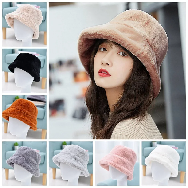 

Women's autumn and winter warm plush hat Korean fashion basin hat windproof trend winter hat flat top wide brim