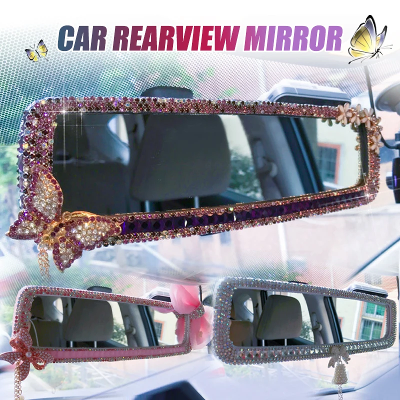 

Pink Rhinestone Car Interior Rearview Mirror Cute Butterfly Wind Chimes Ornament Decorative Cover Rear Mirror Accessories Women