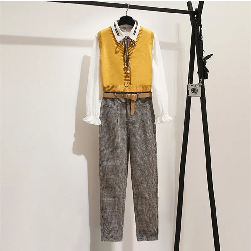 Женский Комплект из 3-х предметов элегантный желтый Трикотажный жилет с