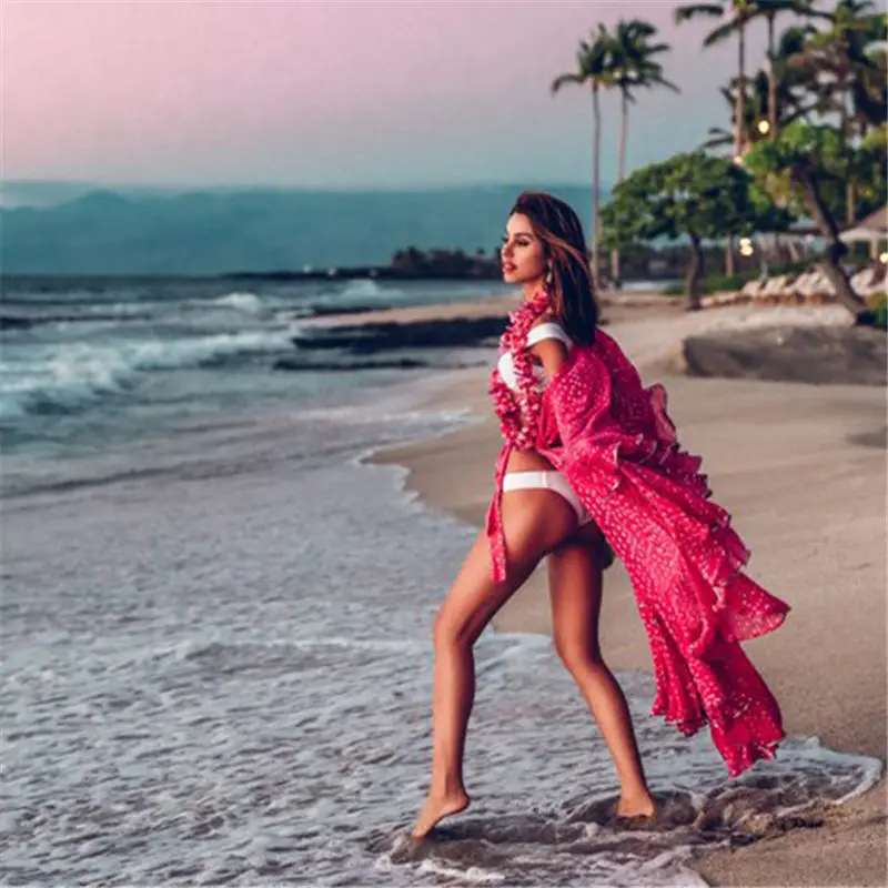 2020 сексуальный просвечивающий длинный кимоно кардиган красная богемная блузка