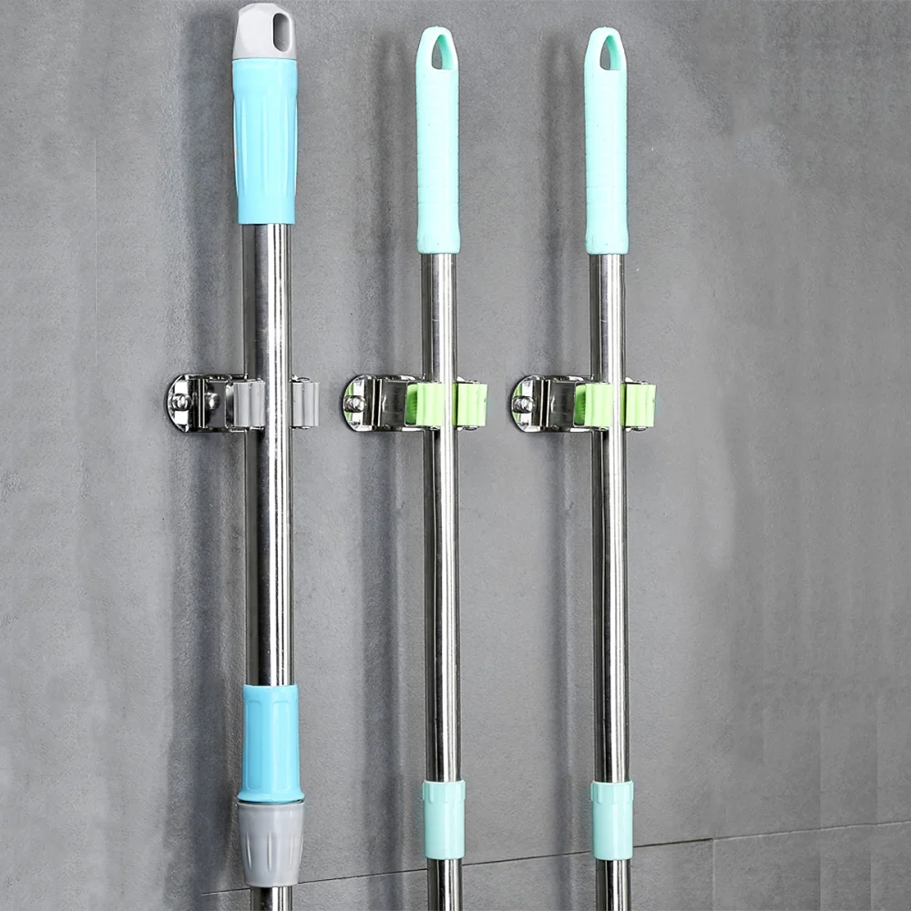 

2pcs Wall Hanging Mop Clamp Sundries Organizer Bathroom Mop Rack (Green, Grey)