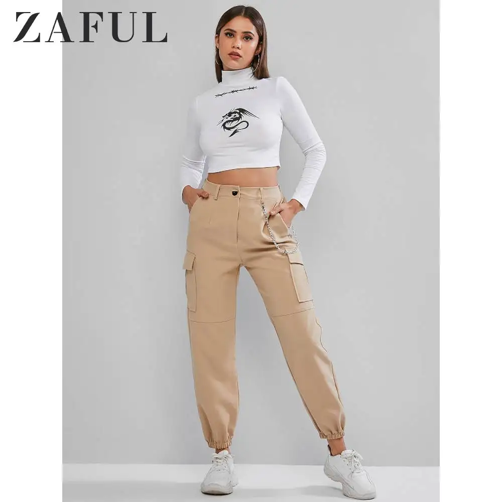 ZAFUL штаны для бега с цепочкой и карманами высокая талия одноцветные женские