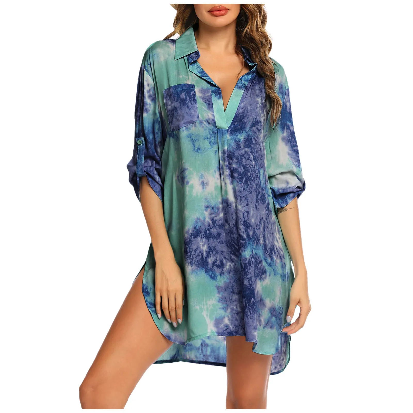 

40# Shirt Dress Women Summer Cover Up Beachwear Vintage Printed Long Sleeve Dresses For Women 2021 Beach Bathing Vestidos