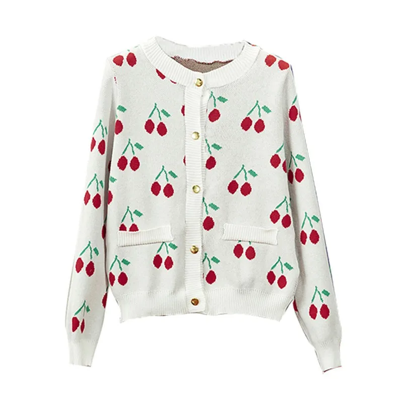 

Tracksuit For Women Casual Two Piece Set Autumn Wild Cherry Print Long Sleeve Knit Sweater+ Skirt Suit