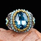 Винтажные кольца с синим кристаллом для мужчин цвет: старое серебро бирюзовые бусины Кольцо женские ювелирные изделия Свадебная вечеринка роскошный подарок горячий