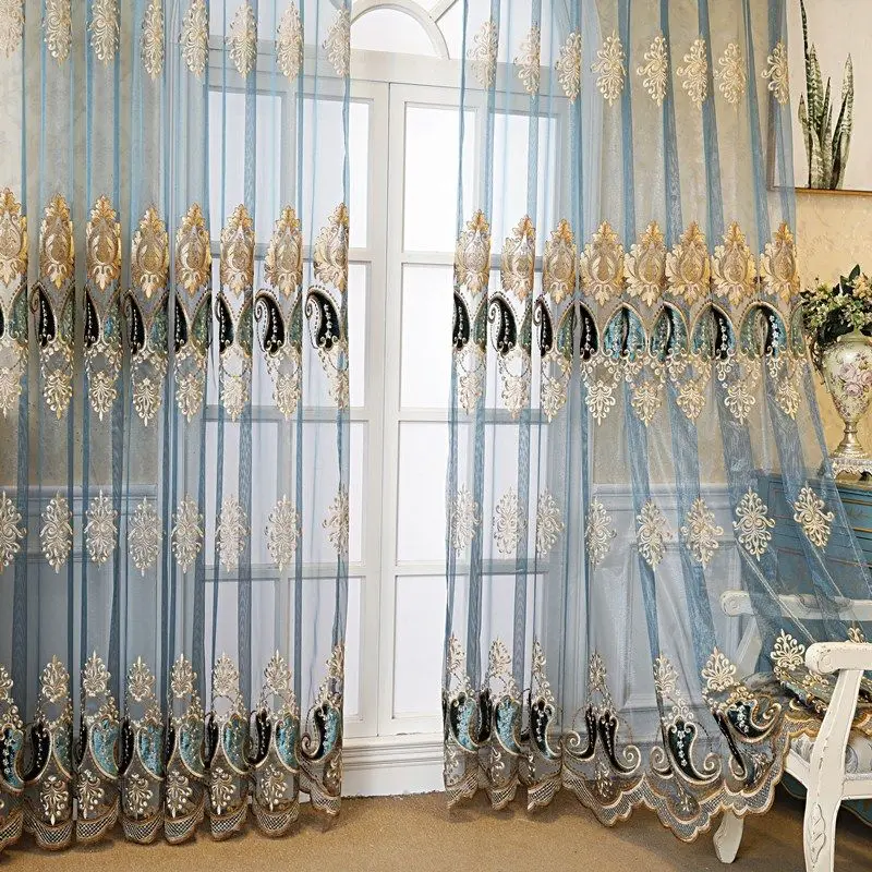 

2021 European Royal Luxury Blue Tulle Curtains for Living Room Bedroom Custom European Finished Luxury Embroidery Curtains