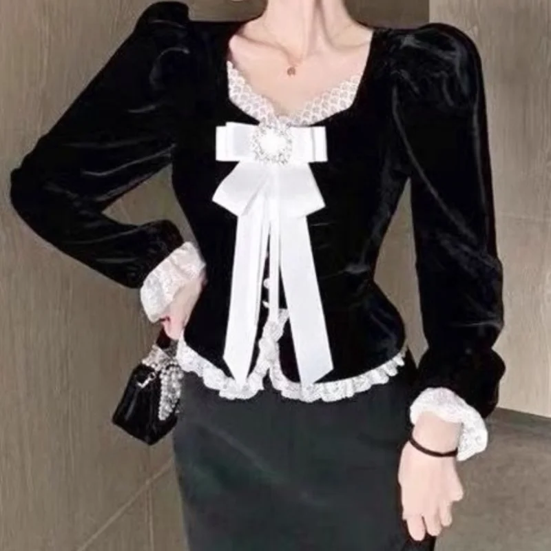 

2022 French Elegant Lace Blouse Edge Water Turn Bowknot Lace Sleeve Gold Velvet Women Shirt Top Office Ladies Spring and Autumn