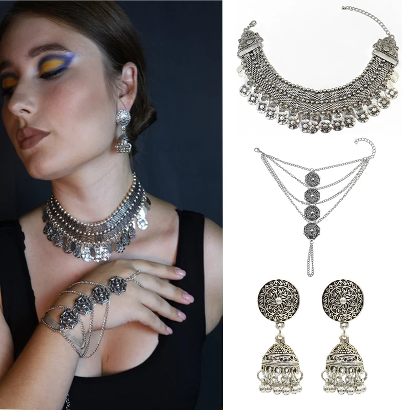 

Vintage Women Choker Necklace & Jhumka Earring & Bracelet Sets Boho Silver Metal Coin Tassel Dance Jewelry Sets Afghan Turkish