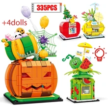Fruit Pumpkin Apple House Shop Model With Light  Assembling Building Blocks Figures Toys Bricks Halloween Christmas Gift