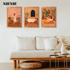 Абстрактная сгоревшая оранжевая настенная Картина на холсте Терракотовая растительная Минималистичная картина леди в ванной плакаты принты украшение для дома