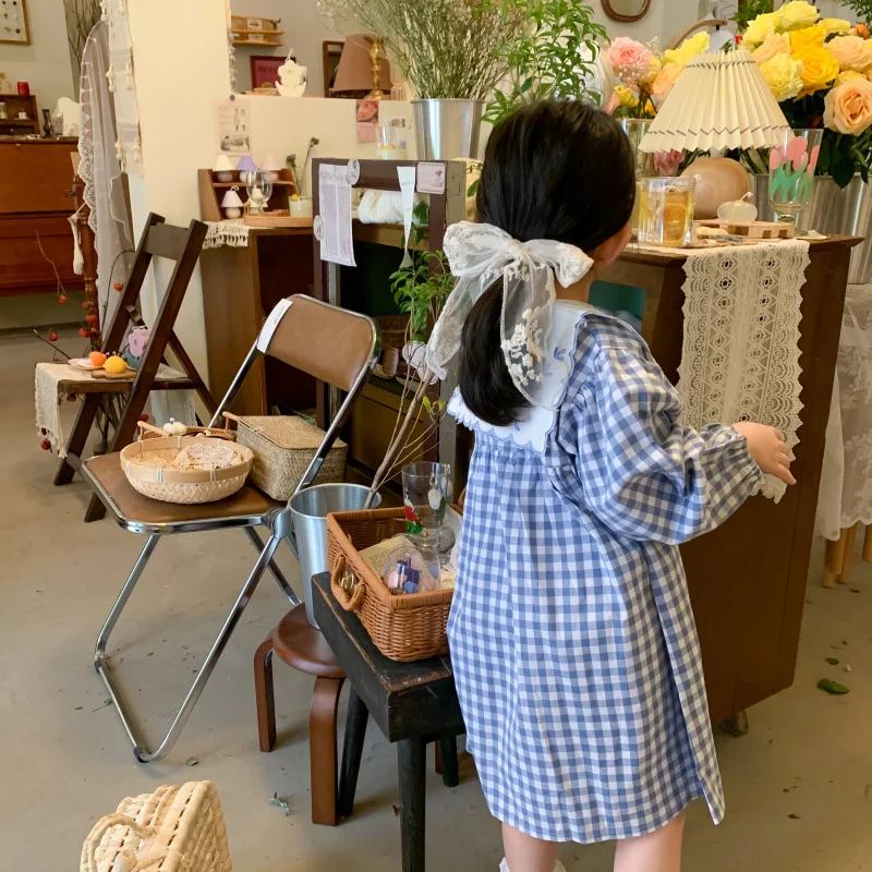 Korean style Toddler Girls Cute Embroidery Navy collar Cotton Plaid Dress 2021 Spring Little Princess Long Sleeve Party Dresses | Детская