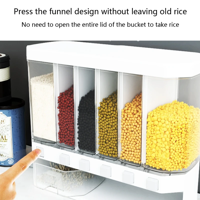 

Wall Mounted Rice Dispenser Separate Rice Cereal Bucket Moisture Proof Reusable Automatic Rack Sealed Food Storage Box