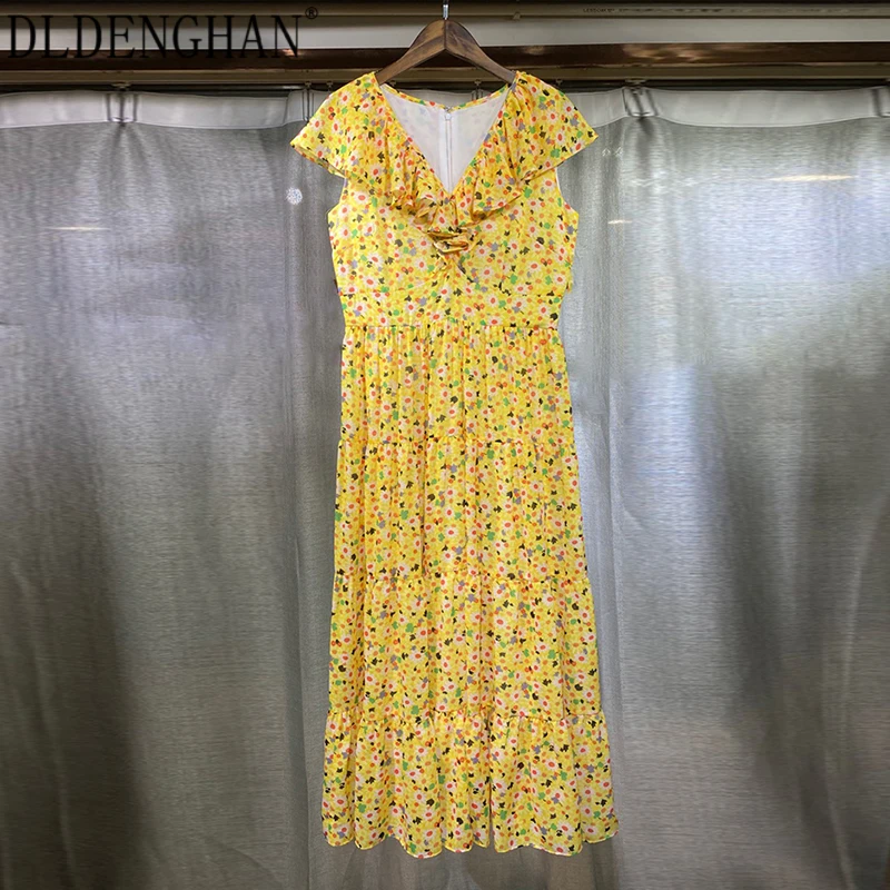 

DLDENGHAN Bohemian Floral Print Summer Dress For Women V-Neck Ruffle Sleeveless High Waist Ankle-Length Dresses Designer New