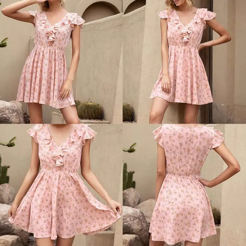 

Women's Dress Floral Print Ruffled V-neck Short Sleeve Casual Long Sleeve Spring Summer Black Elegant Dresses