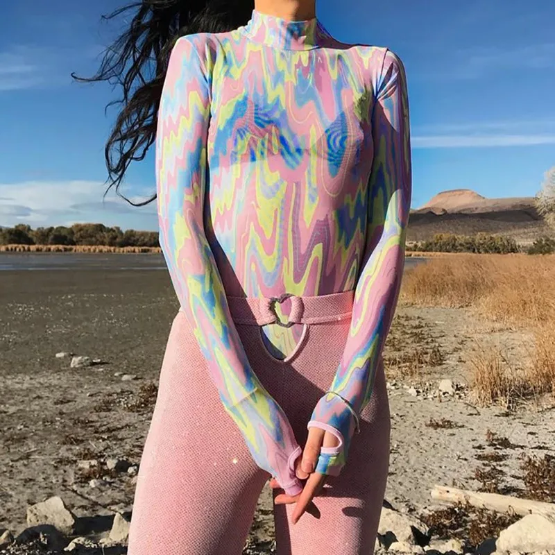 

Summer Women's Sexy Girl RETRO Heart Color Fantasy Print Long Sleeve Mesh Round Collar One Piece COLORFUL BODYSUIT