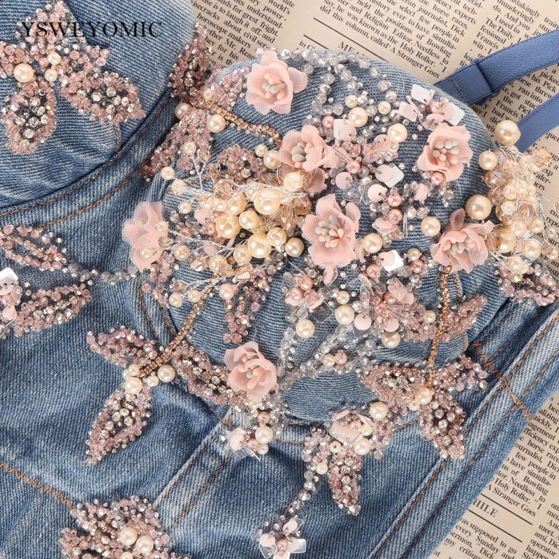 2021 Performance Costume Handmade Floral Beads Bustier Party Night Club Shiny Crop Top Denim Tank Tops Jeans Vest Bra For Stage