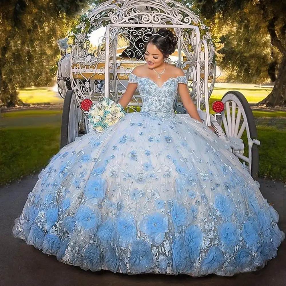 Vestidos para Meninas Vestido de Baile Vestidos de 15 Bebê Azul Doce Quinceanera 3d Flores Rendas Querida Años 2021 16