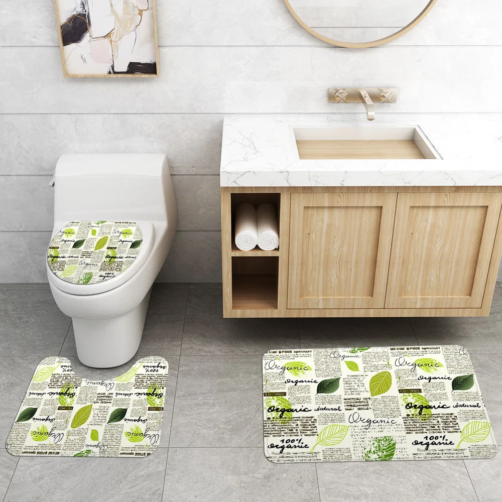 Комплект занавесок для душа с зелеными листьями английский газета коврики