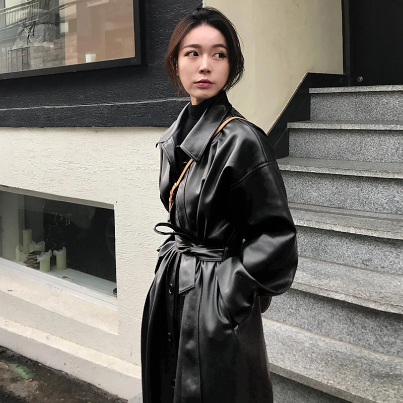 

Vintage PU Leather Long Jacket Women Windbreaker Lapel Korean Style Trench Coats Women Oversized Leather Jacket Female CX1697