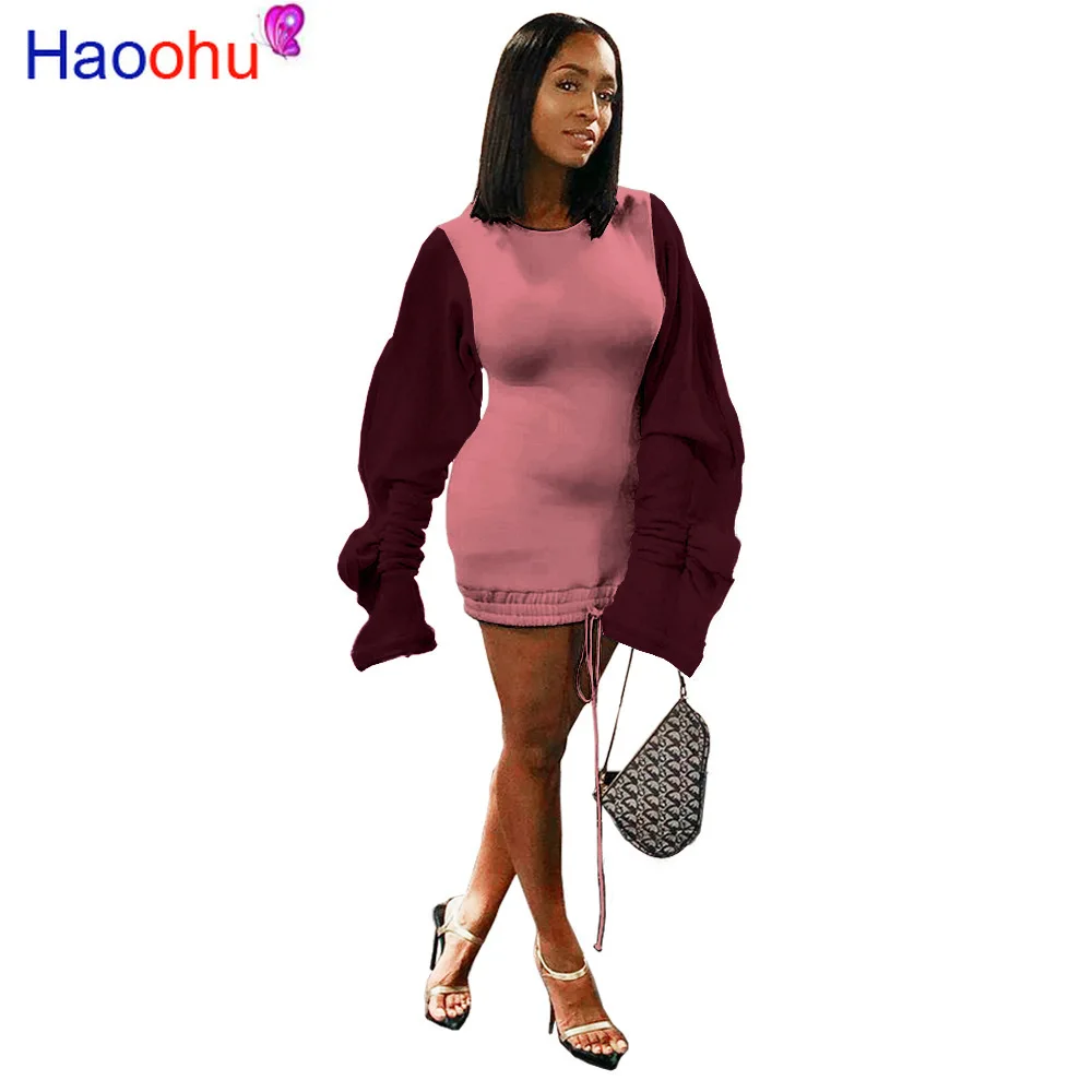 Рюшами с пышным рукавом Повседневная Толстовка Платье Для женщин шнурок