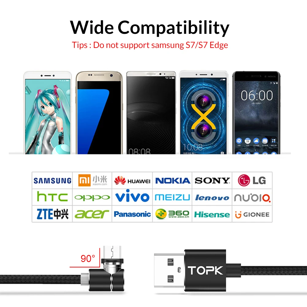 Магнитный светодиодный кабель Micro USB TOPK 1 м 2 угол 90 градусов L-образная нейлоновая