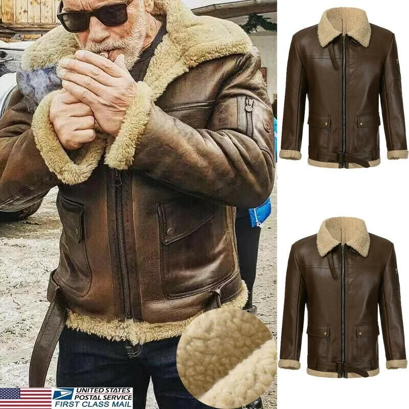 

Winter Mens Lamb Wool Lined Leather Jacket Parka Outwear Coat Men Retro Fur Locomotive Jacket Zipper PU Leather Coat Warm