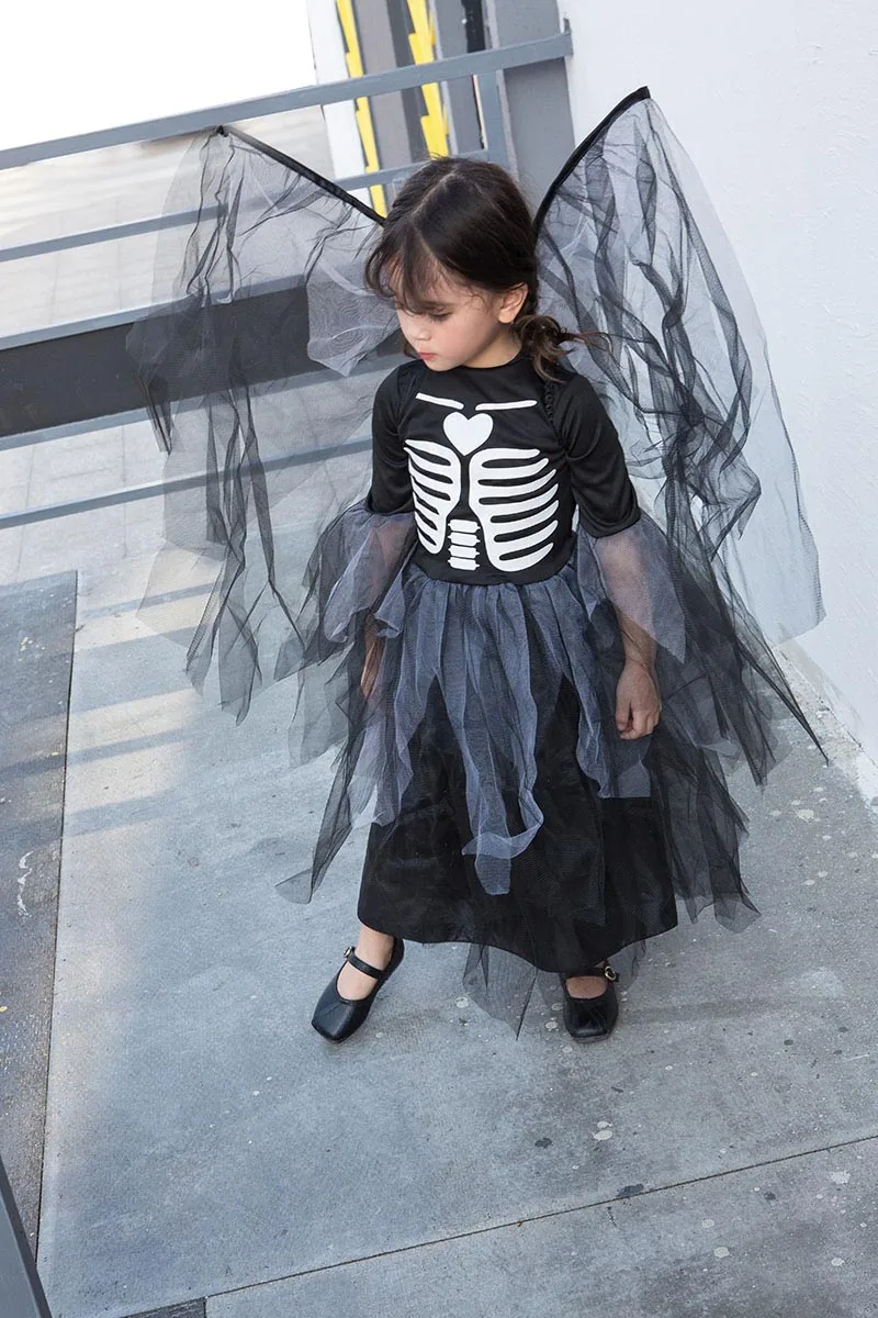 Черное платье с изображением скелета ангела для девочек Костюм на Хэллоуин детей