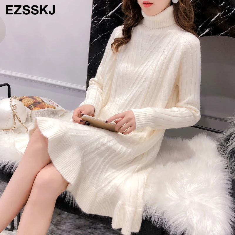 Осень зима 2019 плотное платье свитер с высоким воротником рыбий хвост женское