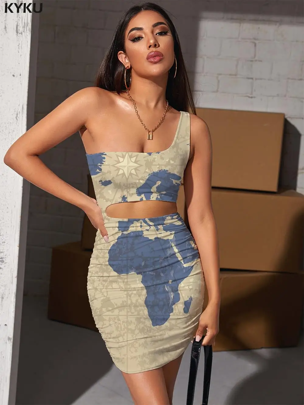 

KYKU Brand Navigation Dresses Women Map Vestido Sexy Harajuku Hollow out Dresses Compass Bodycon Dress Womens Clothing Party New