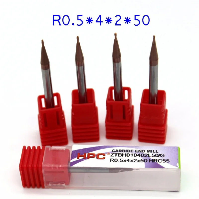 

Горячий парус 5 шт R0.5 * 4*50 шаровой нос HRC55 Вольфрам твердосплавные торцевые фрезы CNC станок