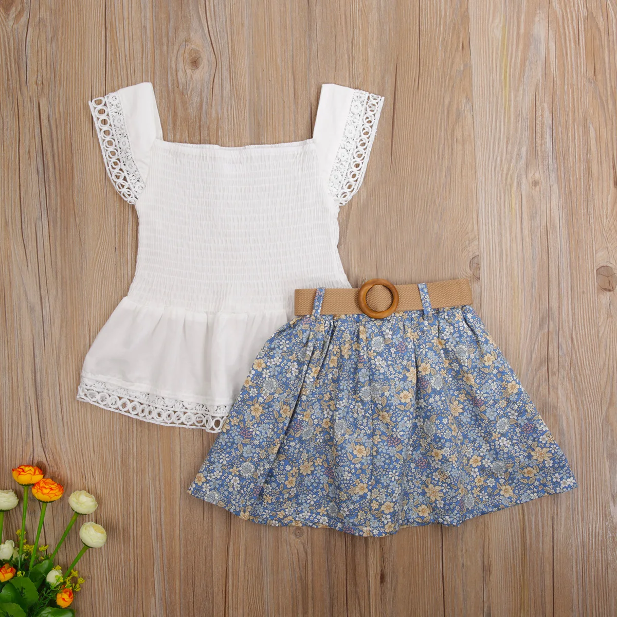 

2-7Y Holiday Girls Clothes Sets 2pcs Lace Sleeve Pullover T Shirts Tops Flowers A-Line Skirts