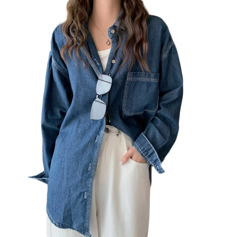 

2021 Autumn Blue Denim Shirts Women Fashion Loose Long Sleeve Vintage Blouses Outwear Oversize Tops Female Clothing
