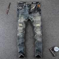 european street style fashion men jeans retro vintage slim destroyed ripped jeans men patch designer hip hop denim punk pants