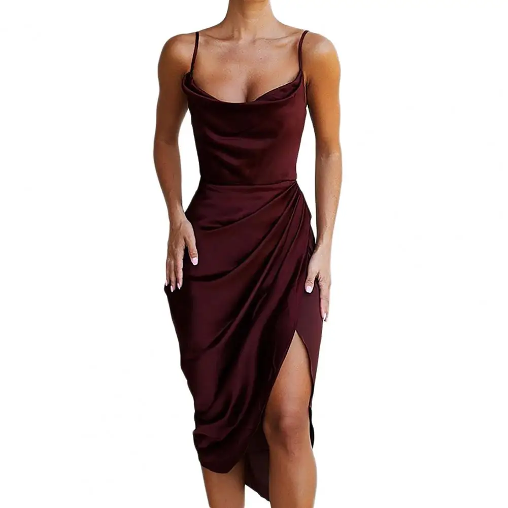 

Dress Mid-length Slit Design Solid Color Women Suspender Dress for Summer