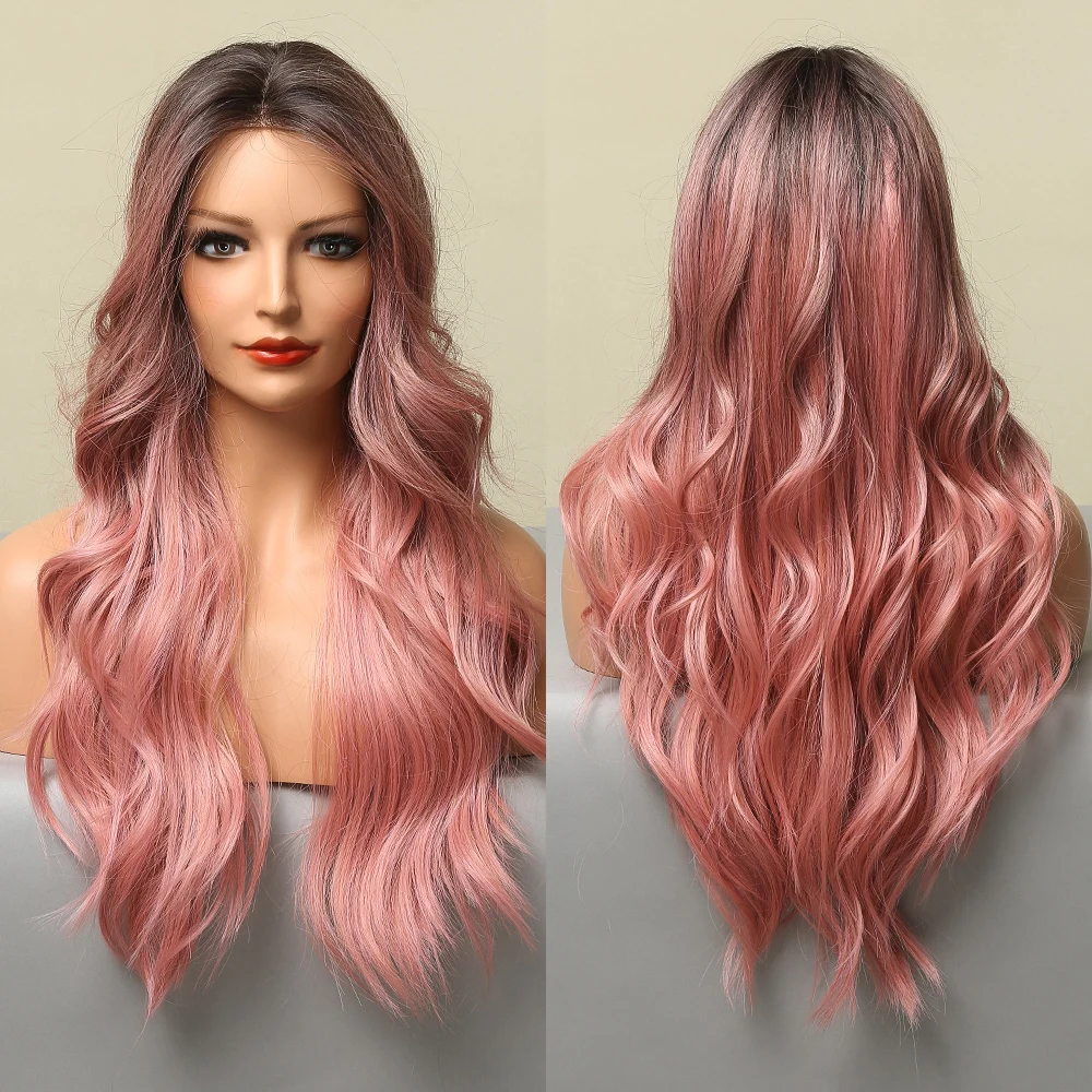 

ALAN EATON Long Body Wave Lace Front Synthetic Hair Wigs Lace Frontal Cosplay Middle Part Ombre Black Pink Lace Wigs for Women