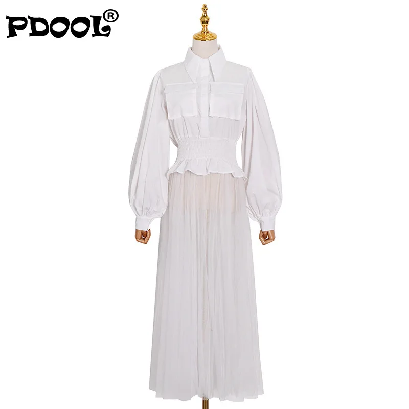 

Casual Patchwork Perspective Dress For Women Lapel Lantern Long Sleeve High Waist Elegant Dresses Female Fashion