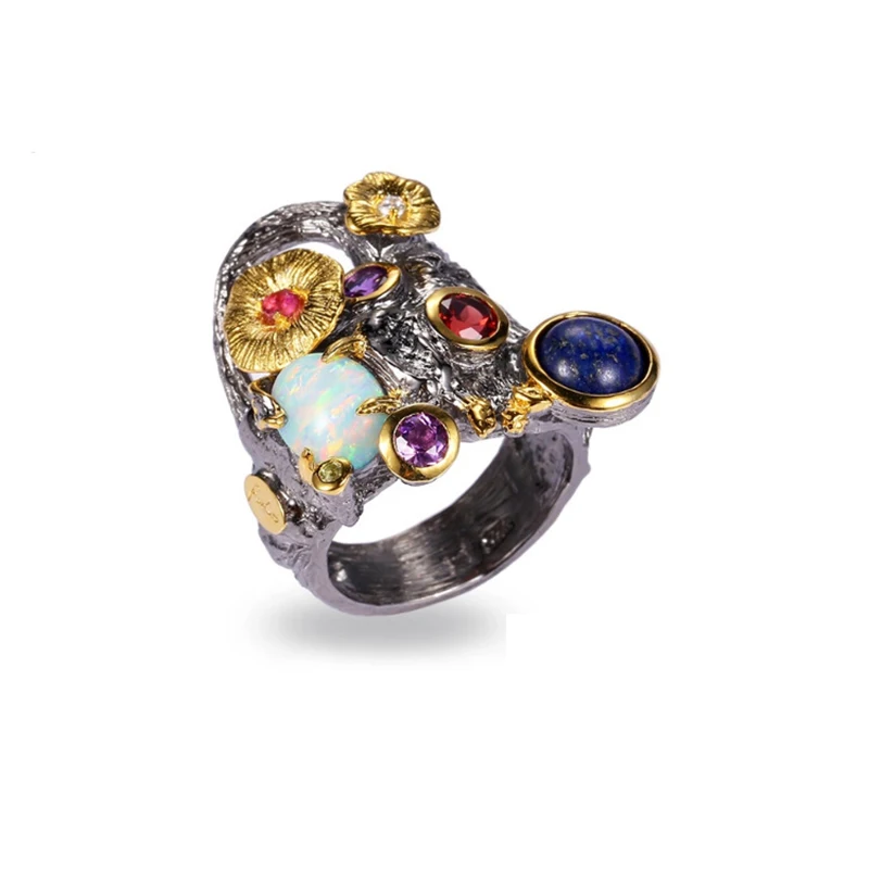 

Thai style design color stone 925 silver ring black gold plated ring 210331-38