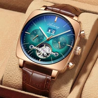ailang fashion mens green dial tourbillon watches luxury leather calendar waterproof mechanical watch men relogio masculino