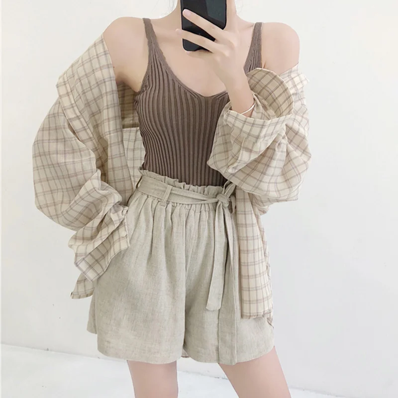 

Summer Spring Women' Suit 3 Piece Set Plaid Blouses Tank Tops Elastic Waist Belt Outfit 2020 Wide Leg Long Sleeve Woman Suits