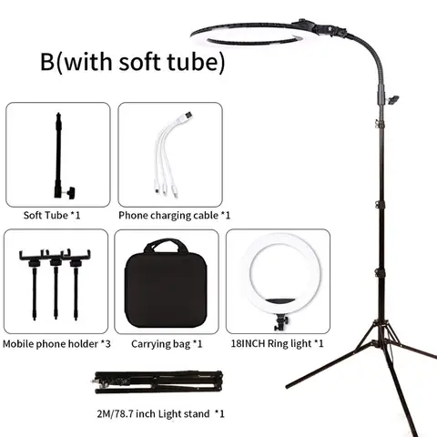 Светодиодный кольцевой светильник, 18 дюймов, 65 Вт, с регулируемой яркостью, фонасветильник для макияжа, татуировки, видео на Youtube с держателем для телефона 2 м