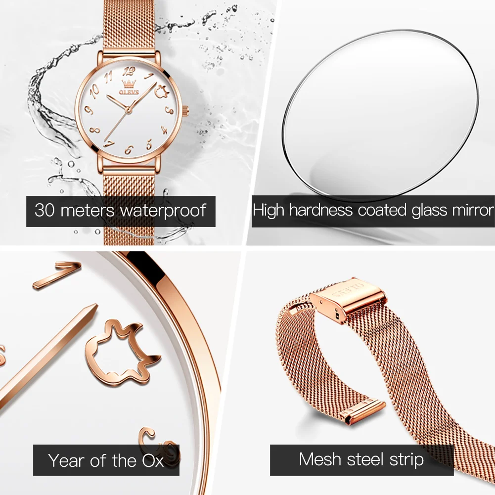 

OLEVS Japan Quartz Movement High Quality 33.5mm number Women Stainless Steel Mesh Rose Gold Waterproof Ladies Watch