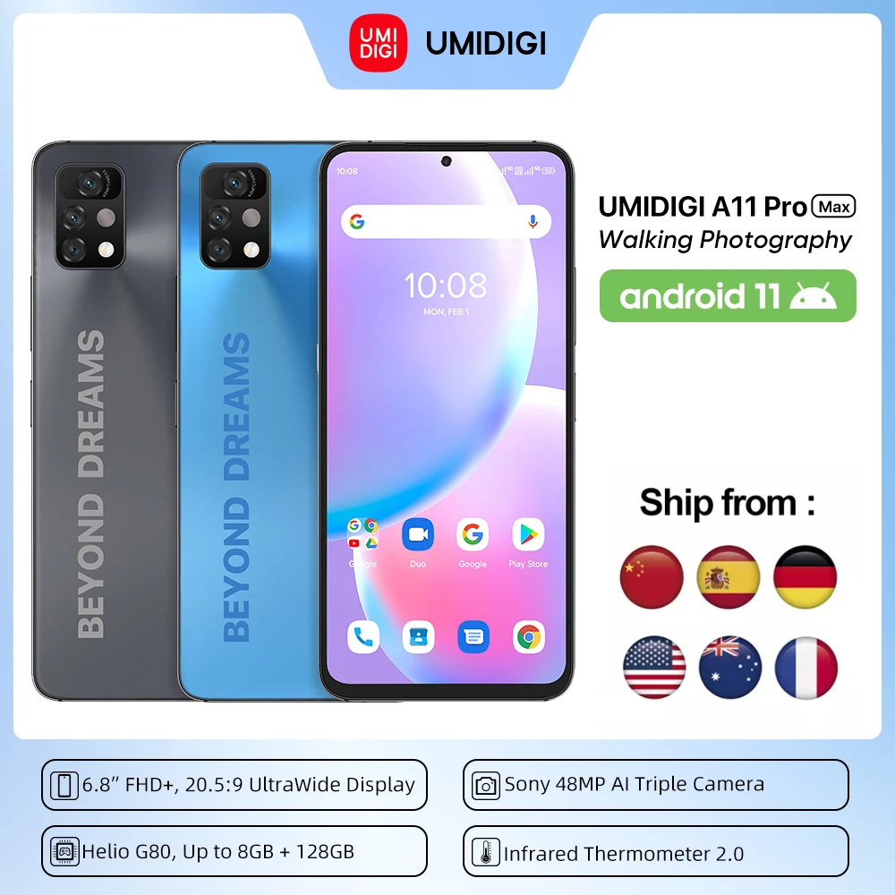 

Смартфон UMIDIGI A11 Pro Max глобальная версия, MediaTek Helio G80, экран 6,8 дюйма FHD +, 4 Гб + 128 ГБ, тройная камера 48 МП с искусственным интеллектом, 5150 мАч