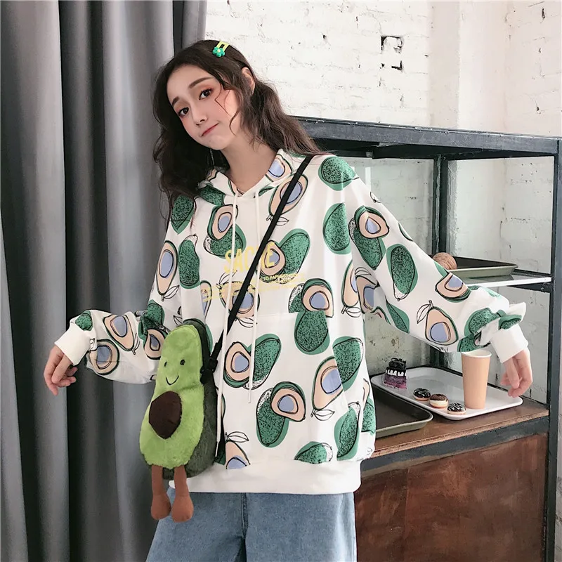 

Новинка 2019, толстовки с капюшоном с принтом, женские толстовки с фруктами, шапка одежда Feminina, весеннее свободное женское повседневное Пальт...