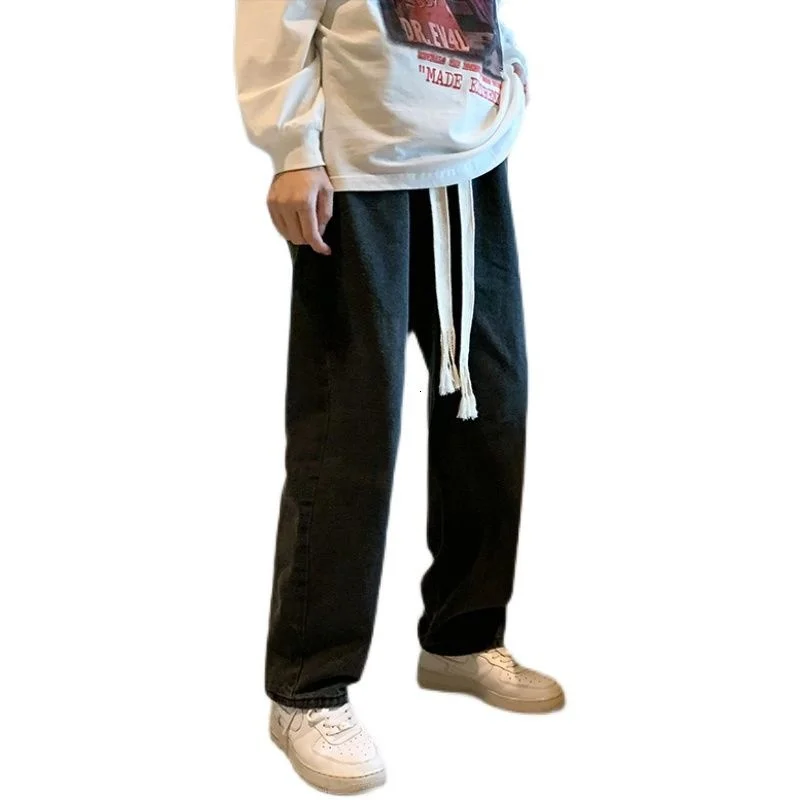 Blue/Black Baggy Jeans Men Fashion Casual Drawstring Wide-leg Jeans Men Streetwear Loose Hip-hop Straight Denim Pants Mens M-2XL
