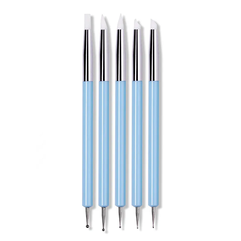 5pcs/Set Nail Art Dual End Acrylic UV Gel Silicone Carving Emboss Build Brush Rhinestone Picking Dotting Pen Manicure Tool