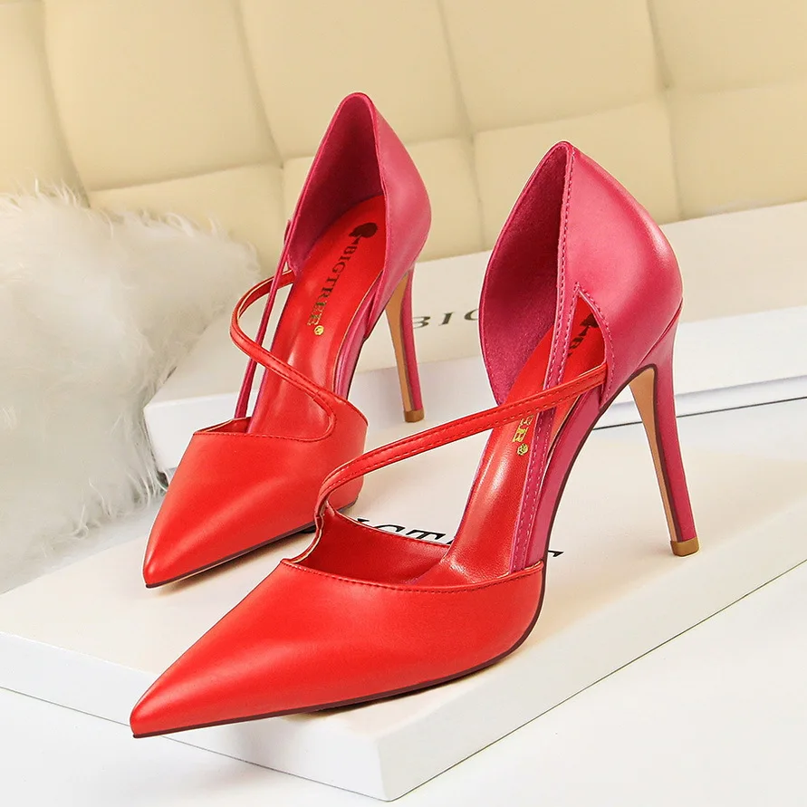 

Women Shoes Pointed Toe Pumps Color matching Hollow Word band 9.5CM thin High Heels Boat Wedding Dress Office Shoes