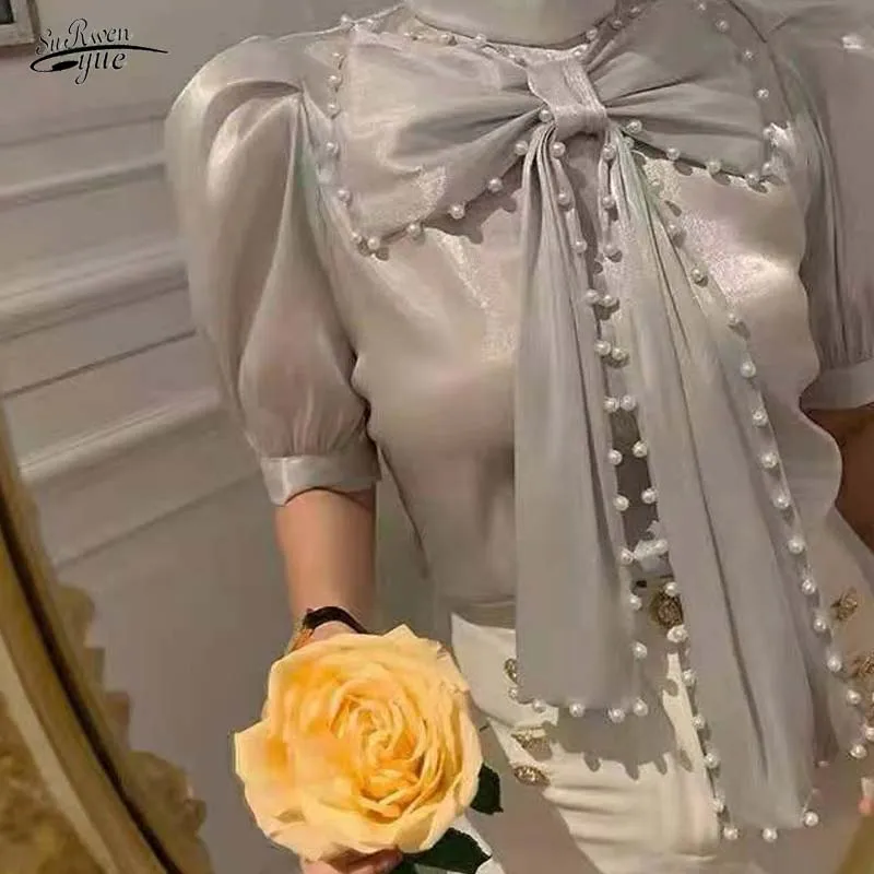 

Женская блузка с коротким рукавом, облегающий Топ, новый стиль 2021, элегантная летняя шифоновая рубашка с французским бантом и бисером, 15698