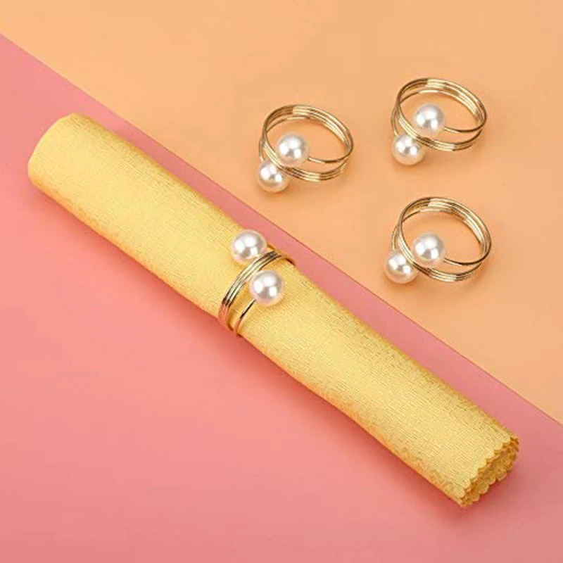

12Pcs Pearl Napkin Buckle Hoop Napkin Rings Circle Serviette Holder for Wedding Hotel Supplies Table Decoration, Gold